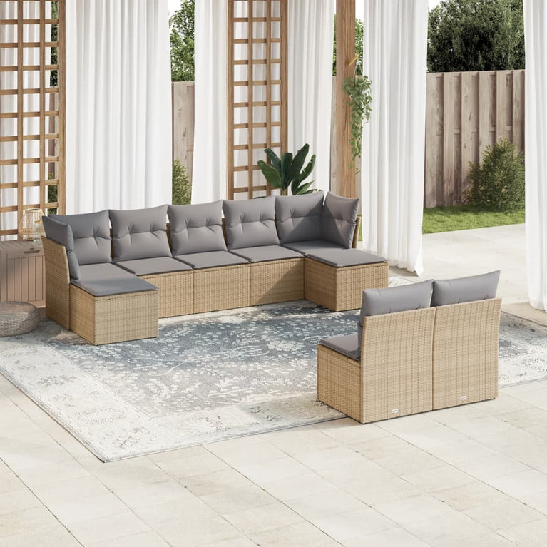 9-delige Loungeset met kussens poly rattan beige