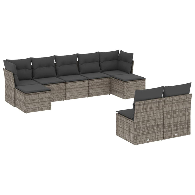 9-delige Loungeset met kussens poly rattan grijs