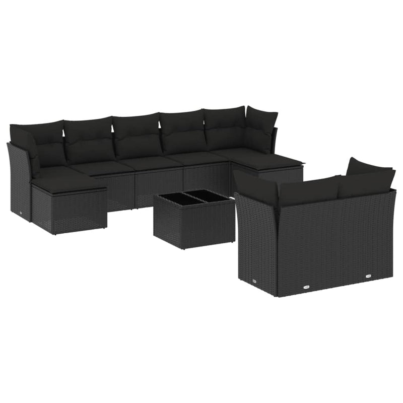 10-delige Loungeset met kussens poly rattan zwart
