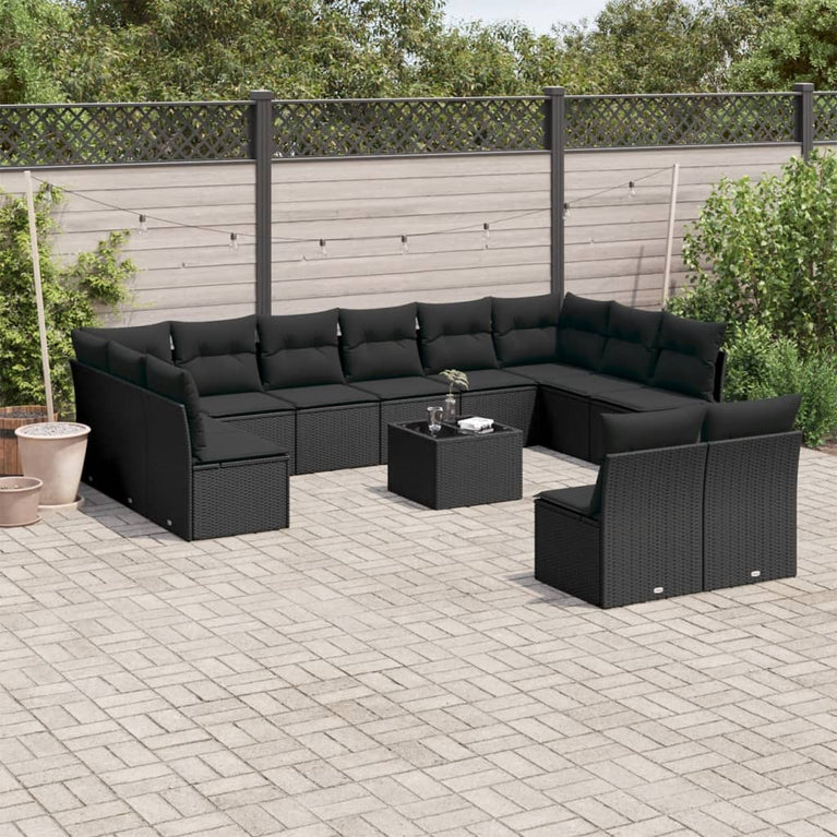 13-delige Loungeset met kussens poly rattan zwart