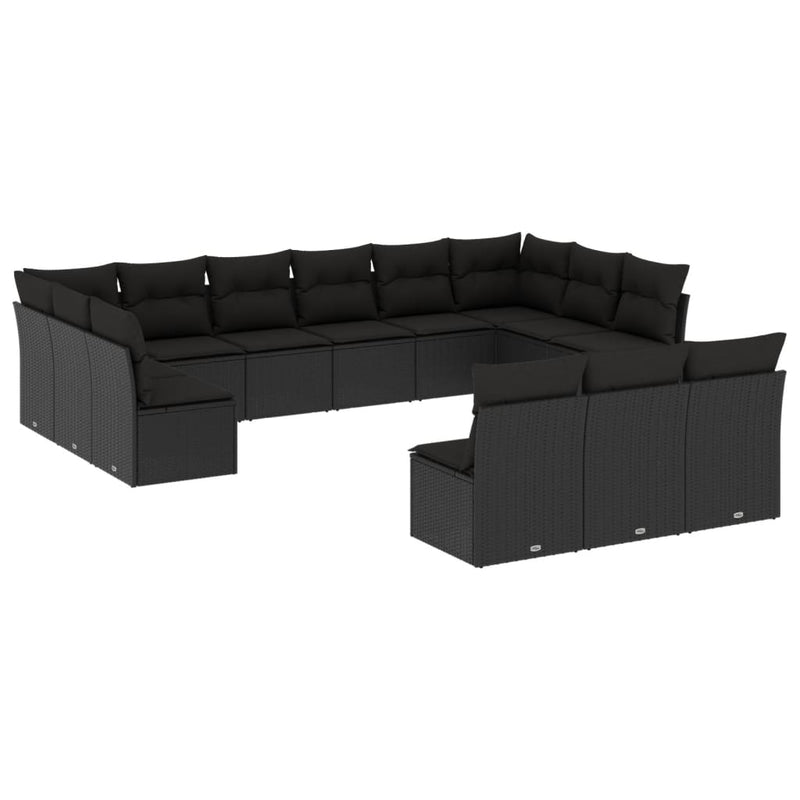 13-delige Loungeset met kussens poly rattan zwart