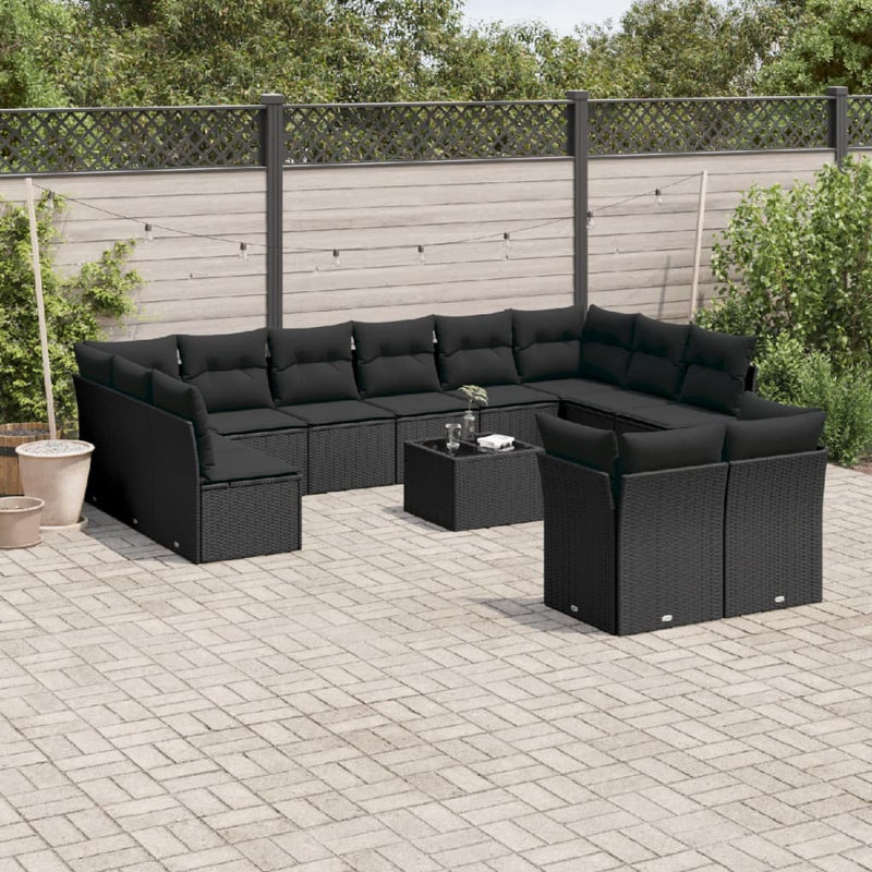 13-delige Loungeset met kussens poly rattan zwart