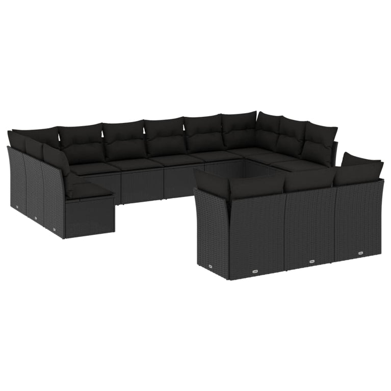 13-delige Loungeset met kussens poly rattan zwart