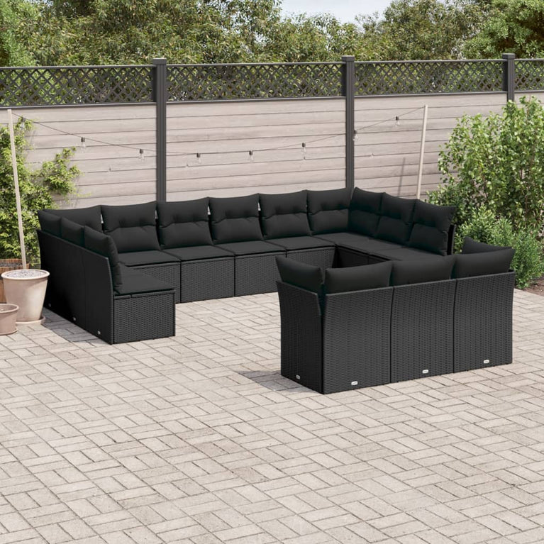 13-delige Loungeset met kussens poly rattan zwart