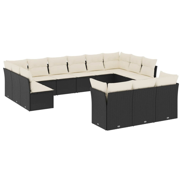 13-delige Loungeset met kussens poly rattan zwart