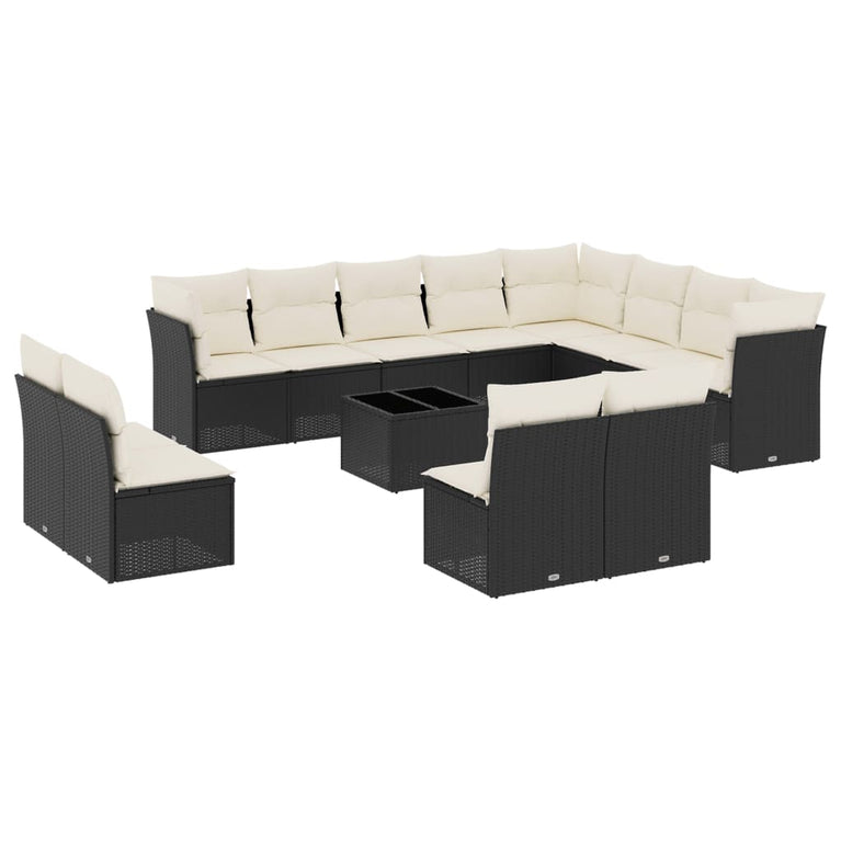 13-delige Loungeset met kussens poly rattan zwart