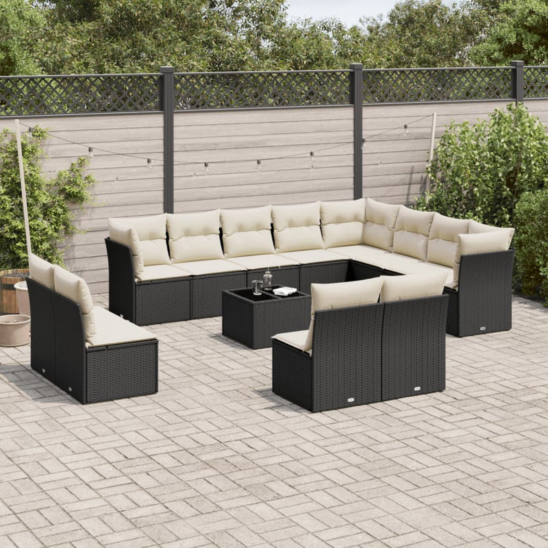 13-delige Loungeset met kussens poly rattan zwart