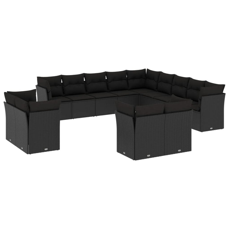 13-delige Loungeset met kussens poly rattan zwart