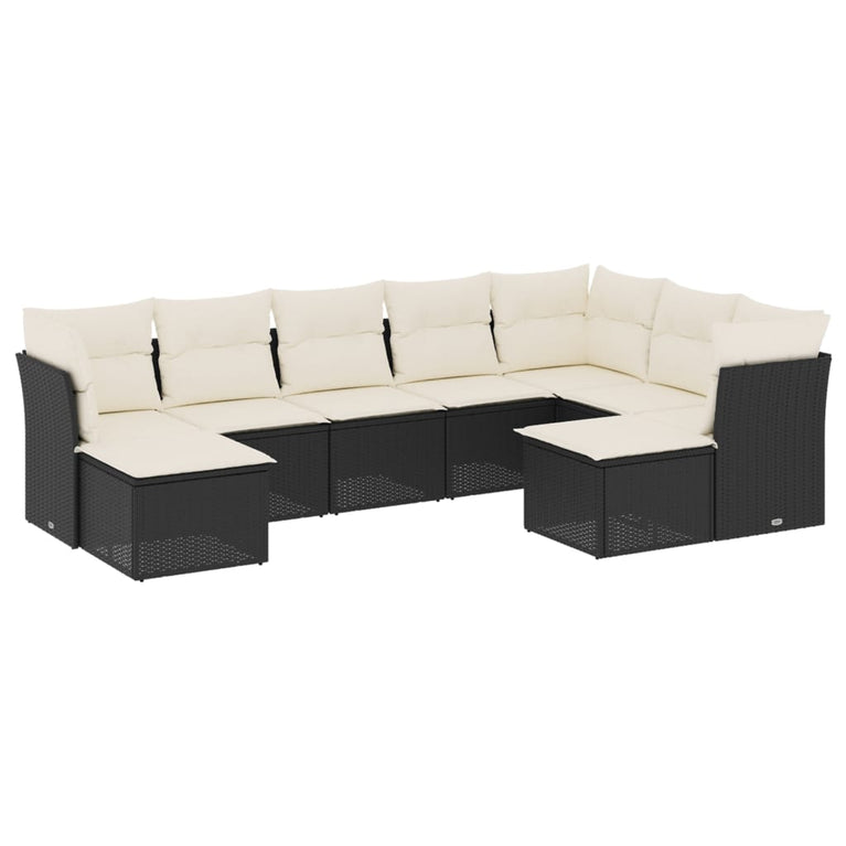 9-delige Loungeset met kussens poly rattan zwart