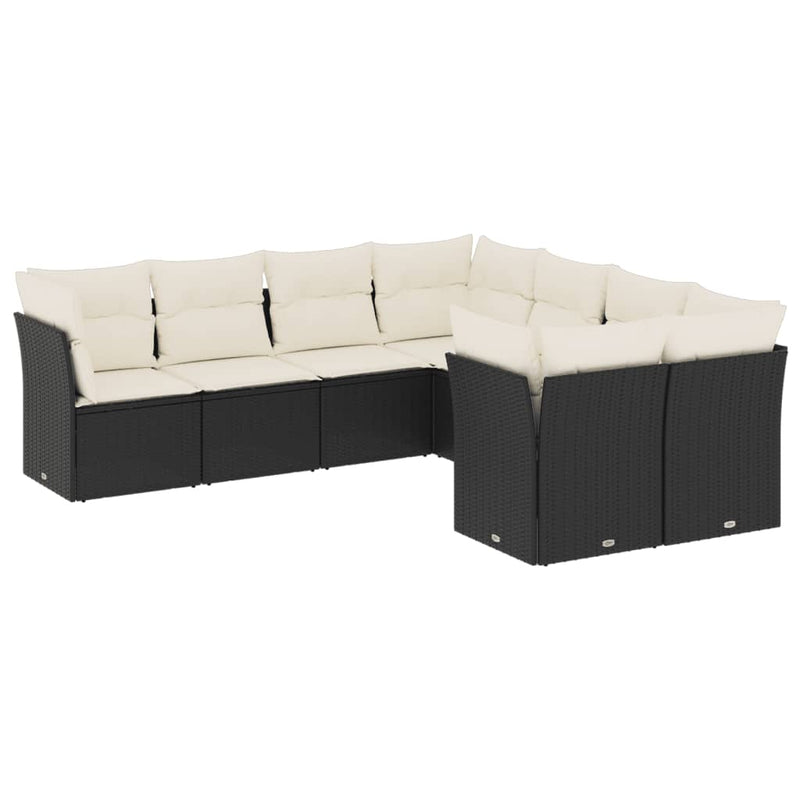 8-delige Loungeset met kussens poly rattan zwart