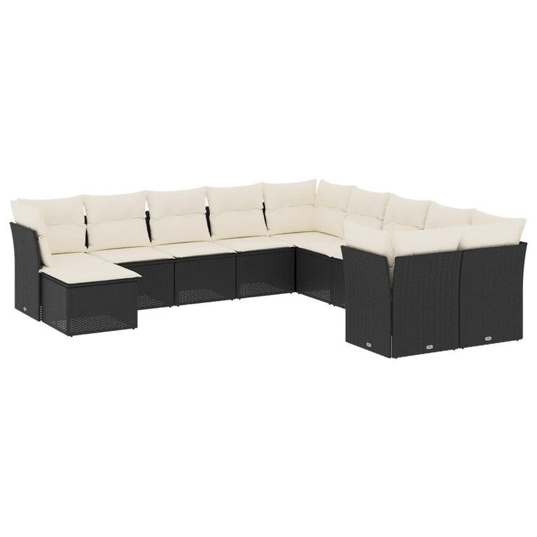 11-delige Loungeset met kussens poly rattan zwart