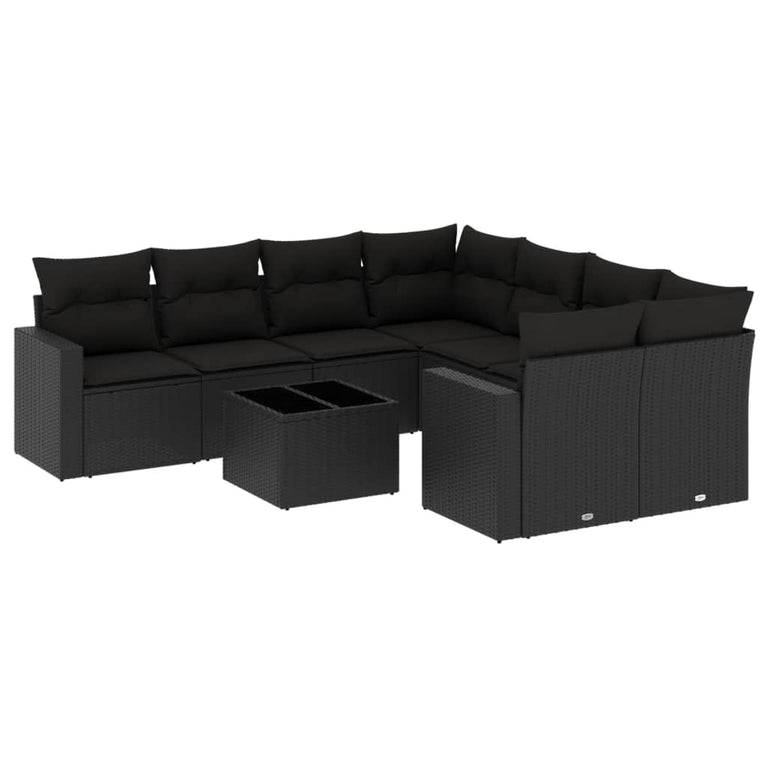 9-delige Loungeset met kussens poly rattan zwart
