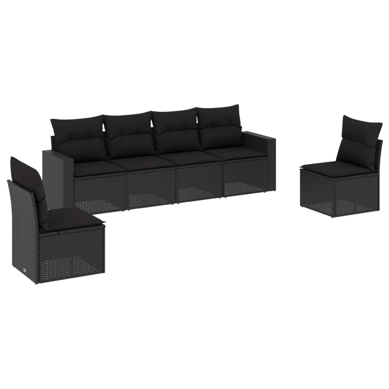 6-delige Loungeset met kussens poly rattan zwart