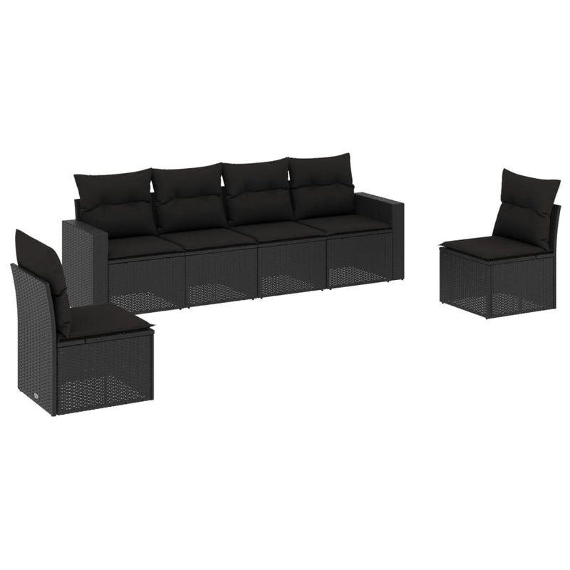6-delige Loungeset met kussens poly rattan zwart