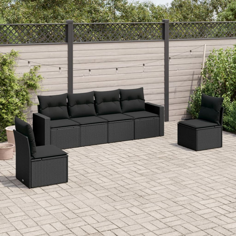 6-delige Loungeset met kussens poly rattan zwart