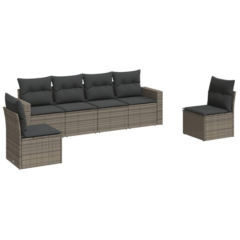 6-delige Loungeset met kussens poly rattan grijs