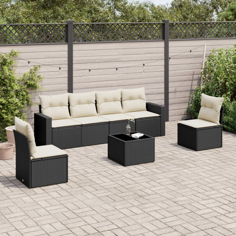 7-delige Loungeset met kussens poly rattan zwart