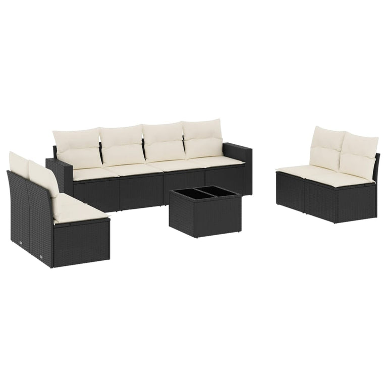 9-delige Loungeset met kussens poly rattan zwart