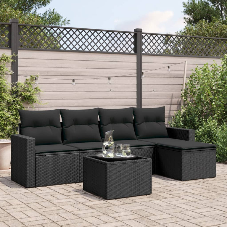 6-delige Loungeset met kussens poly rattan zwart
