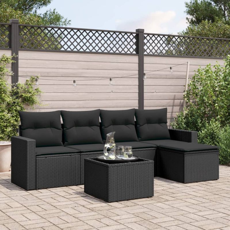 6-delige Loungeset met kussens poly rattan zwart