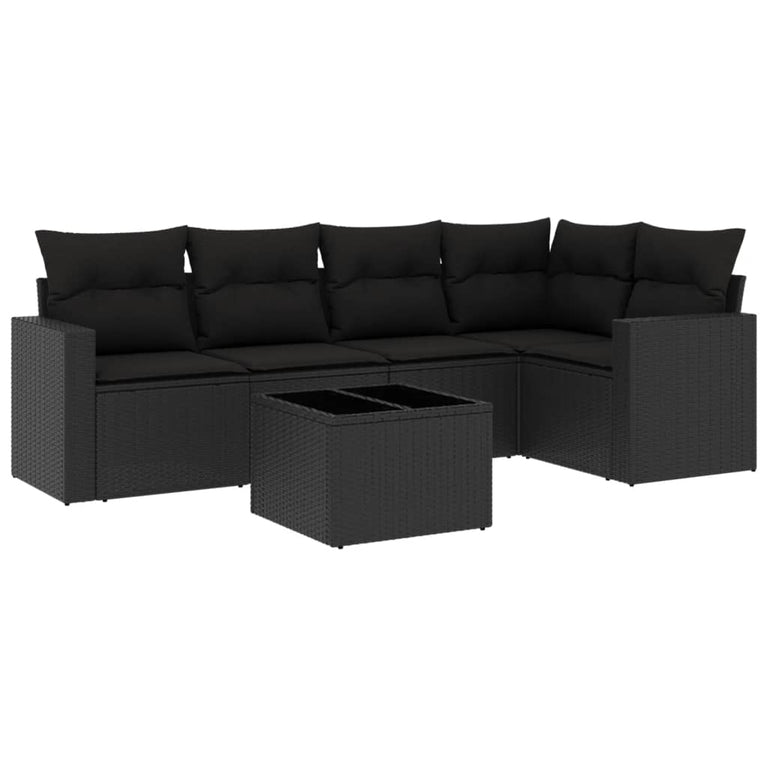 6-delige Loungeset met kussens poly rattan zwart