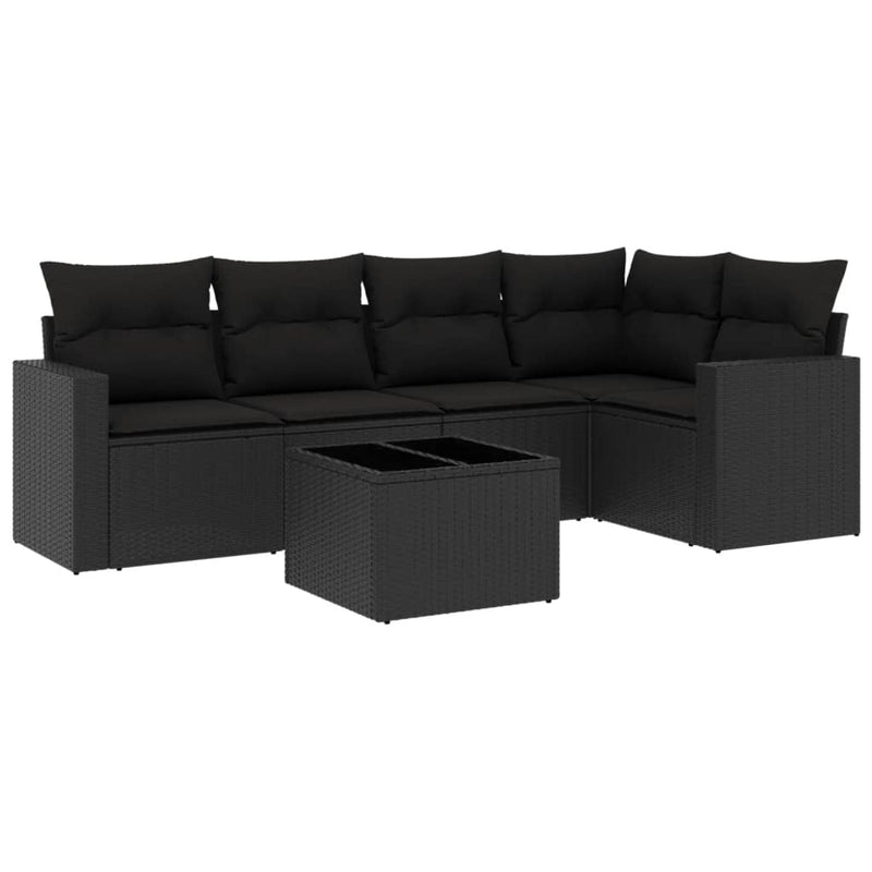 6-delige Loungeset met kussens poly rattan zwart