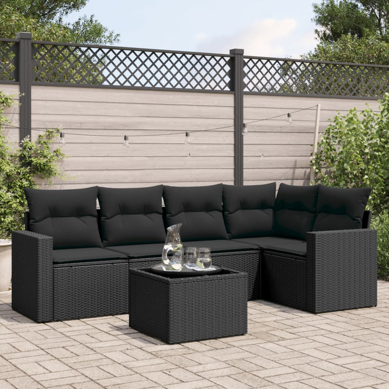 6-delige Loungeset met kussens poly rattan zwart
