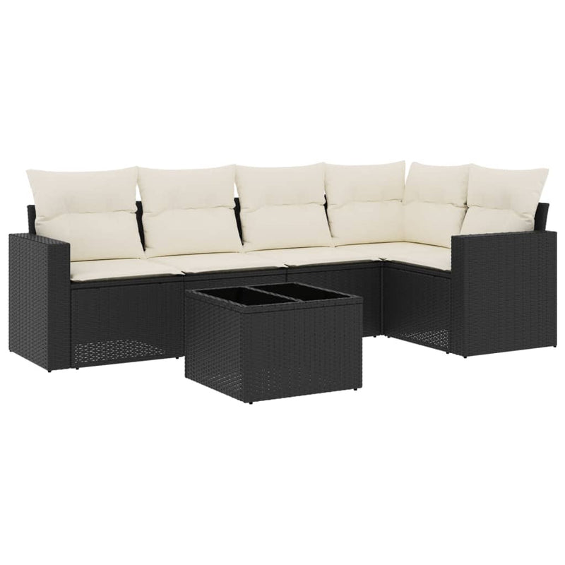 6-delige Loungeset met kussens poly rattan zwart