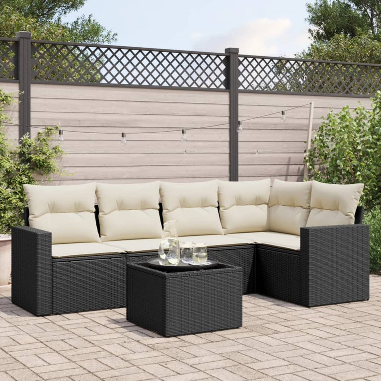 6-delige Loungeset met kussens poly rattan zwart