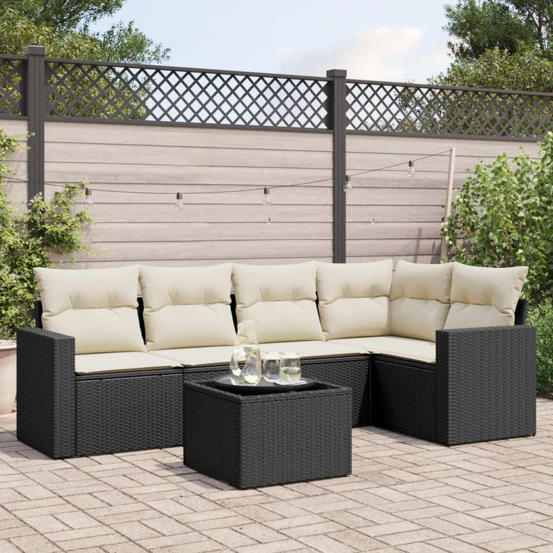 6-delige Loungeset met kussens poly rattan zwart