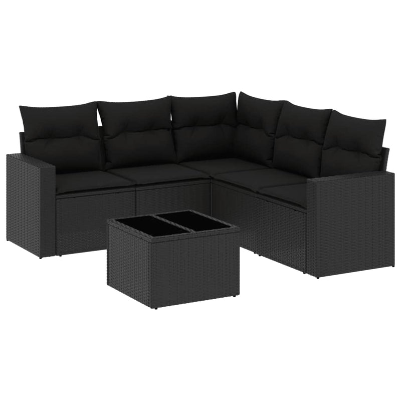6-delige Loungeset met kussens poly rattan zwart