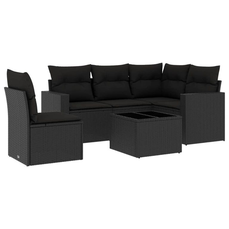 6-delige Loungeset met kussens poly rattan zwart