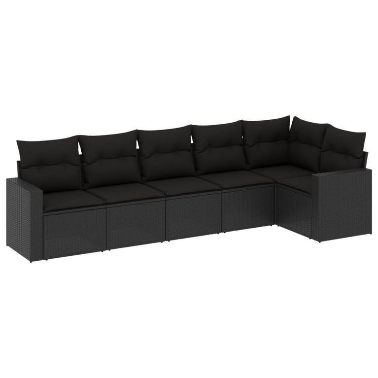 6-delige Loungeset met kussens poly rattan zwart