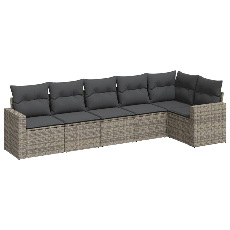6-delige Loungeset met kussens poly rattan grijs