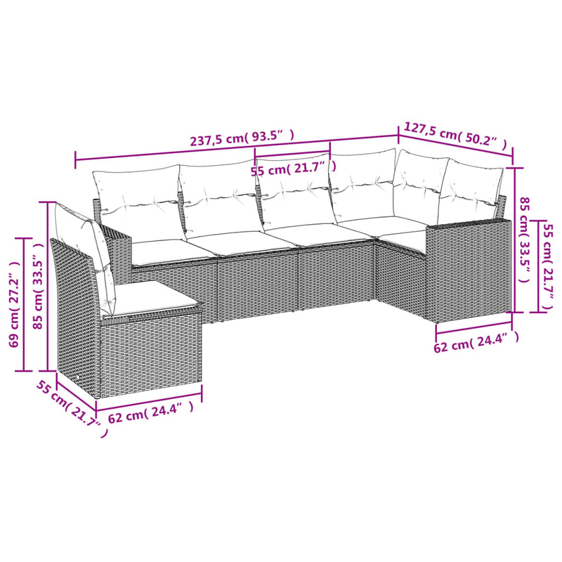 6-delige Loungeset met kussens poly rattan zwart