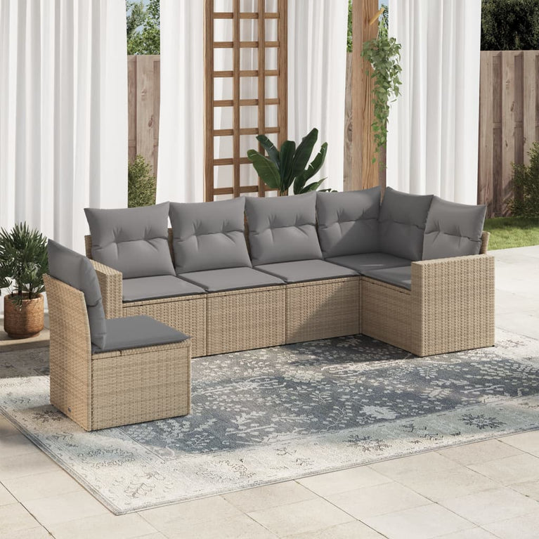 6-delige Loungeset met kussens poly rattan beige
