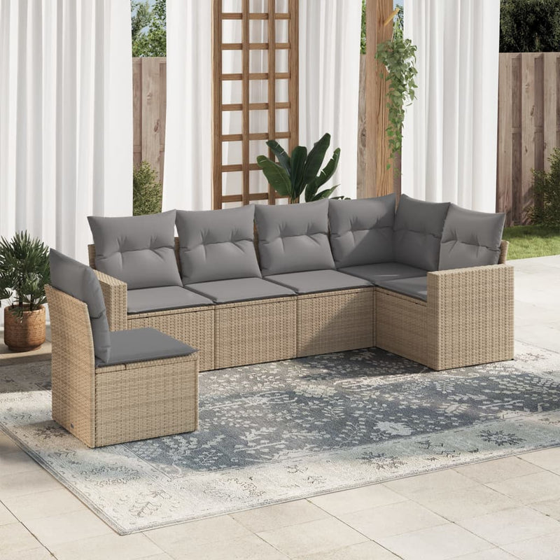 6-delige Loungeset met kussens poly rattan beige