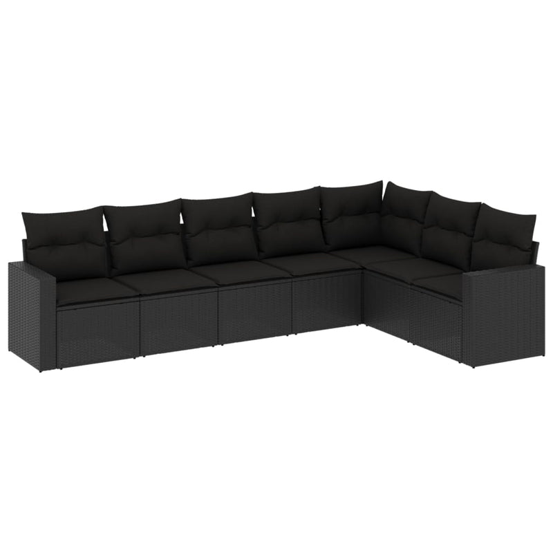 7-delige Loungeset met kussens poly rattan zwart