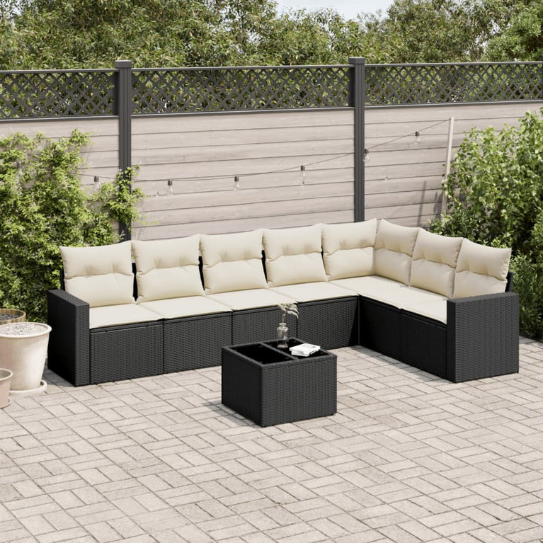 8-delige Loungeset met kussens poly rattan zwart