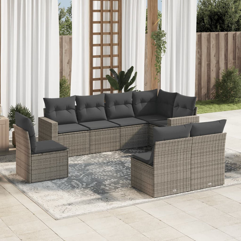 8-delige Loungeset met kussens poly rattan grijs