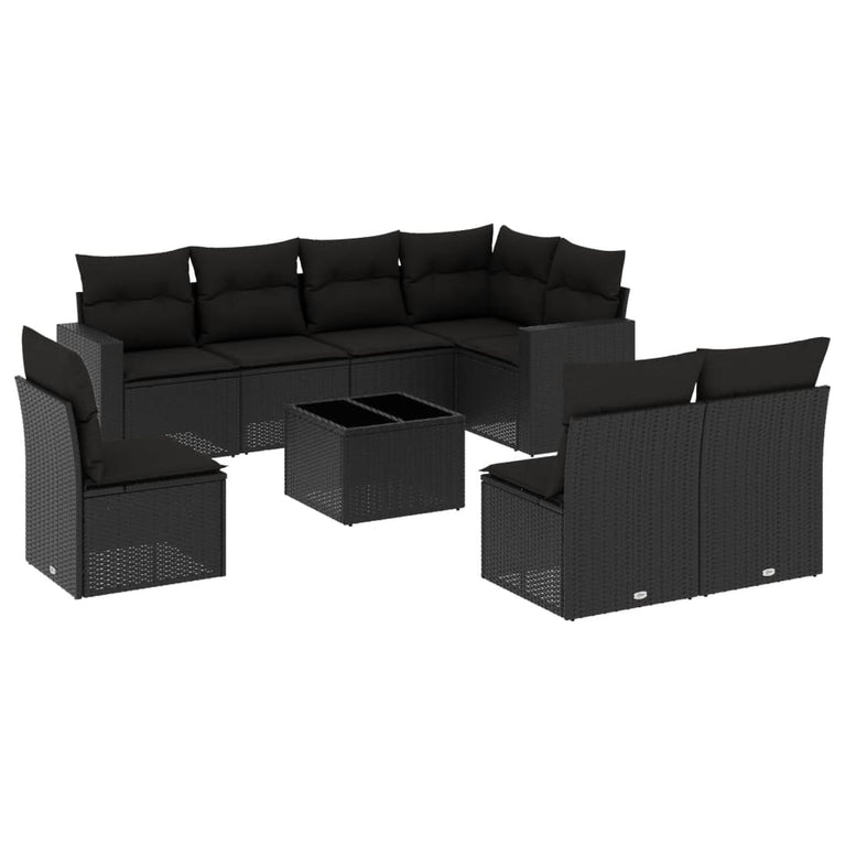 9-delige Loungeset met kussens poly rattan zwart
