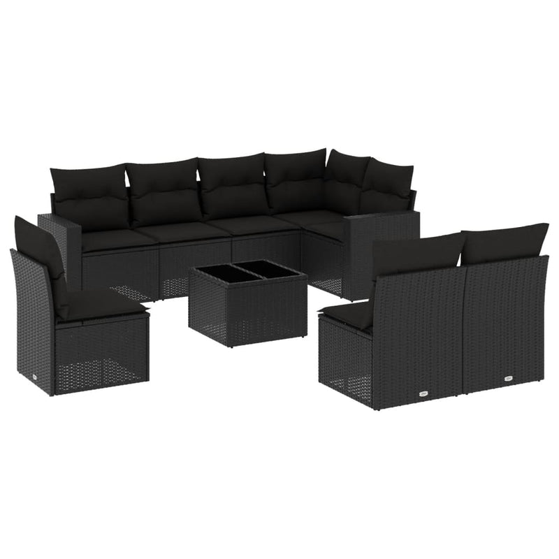 9-delige Loungeset met kussens poly rattan zwart