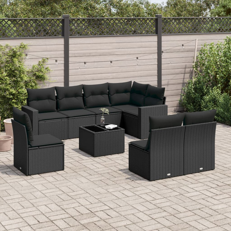 9-delige Loungeset met kussens poly rattan zwart