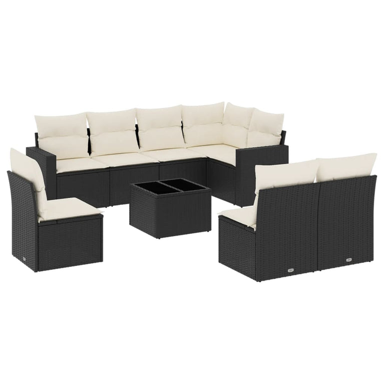 9-delige Loungeset met kussens poly rattan zwart