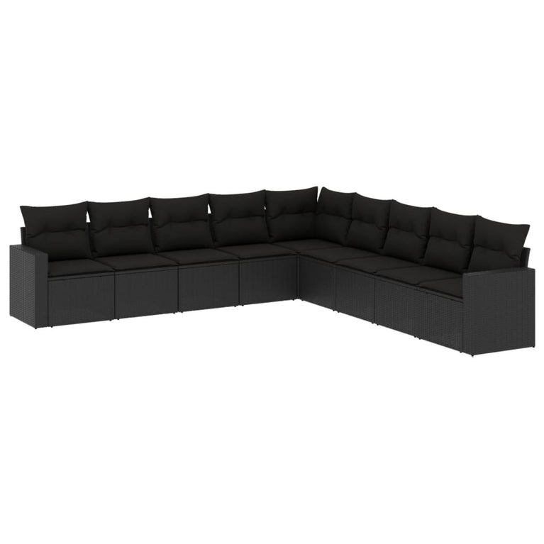 9-delige Loungeset met kussens poly rattan zwart
