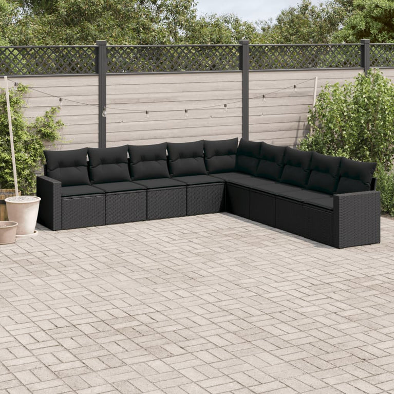 9-delige Loungeset met kussens poly rattan zwart