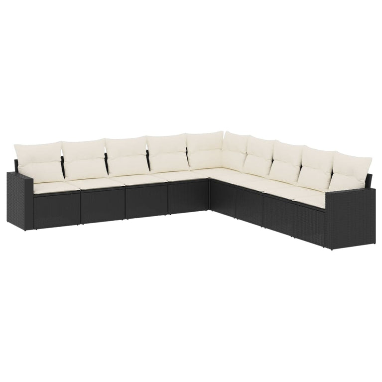 9-delige Loungeset met kussens poly rattan zwart