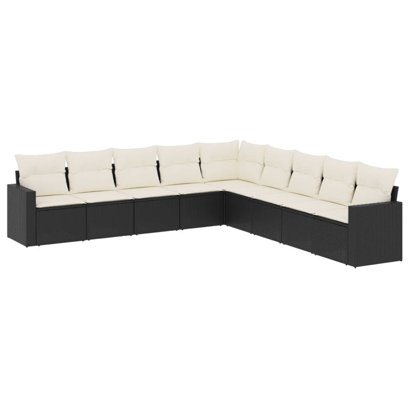9-delige Loungeset met kussens poly rattan zwart