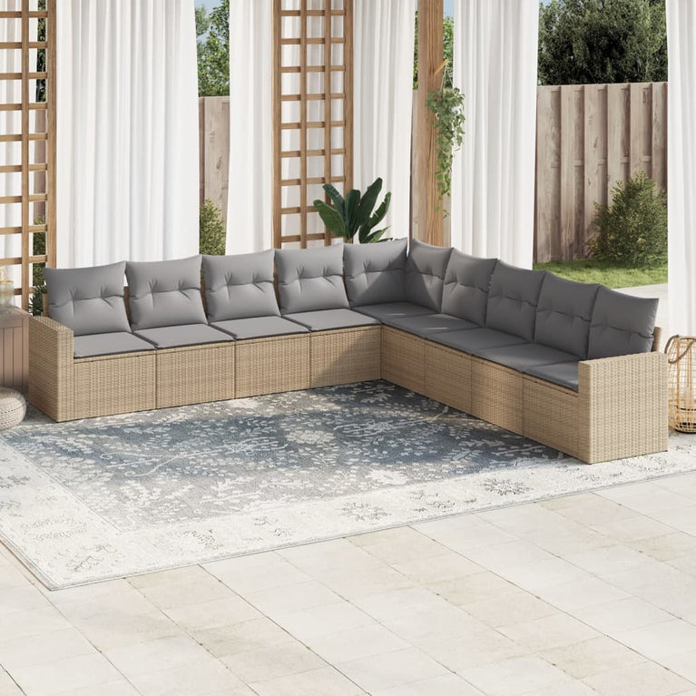 9-delige Loungeset met kussens poly rattan beige