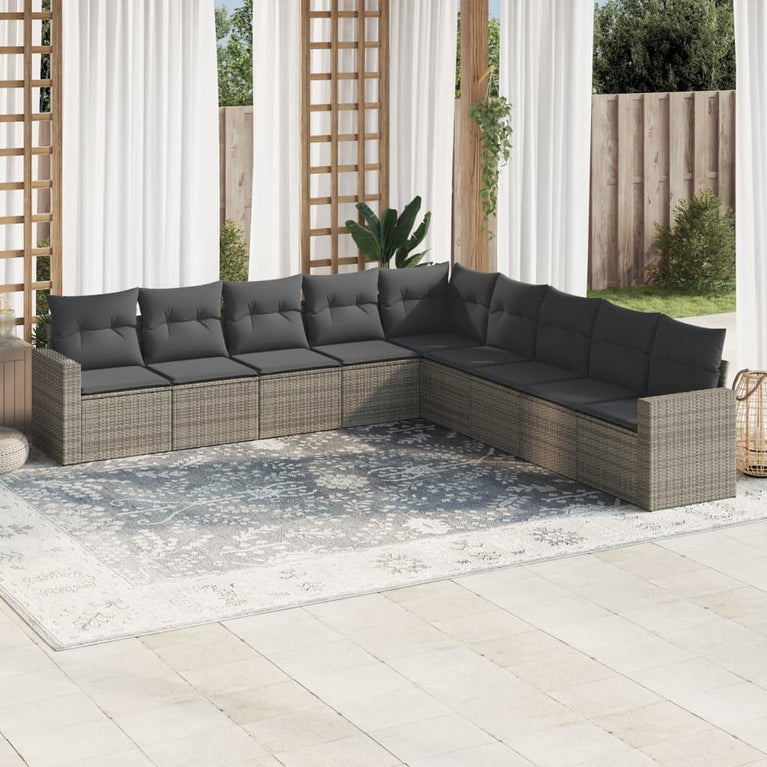 9-delige Loungeset met kussens poly rattan grijs